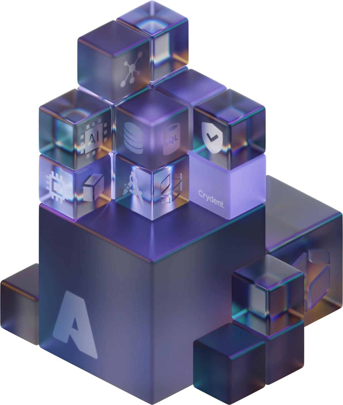 A stack of different sized glass cubes with various Azure related service icons etched and engraved onto them.