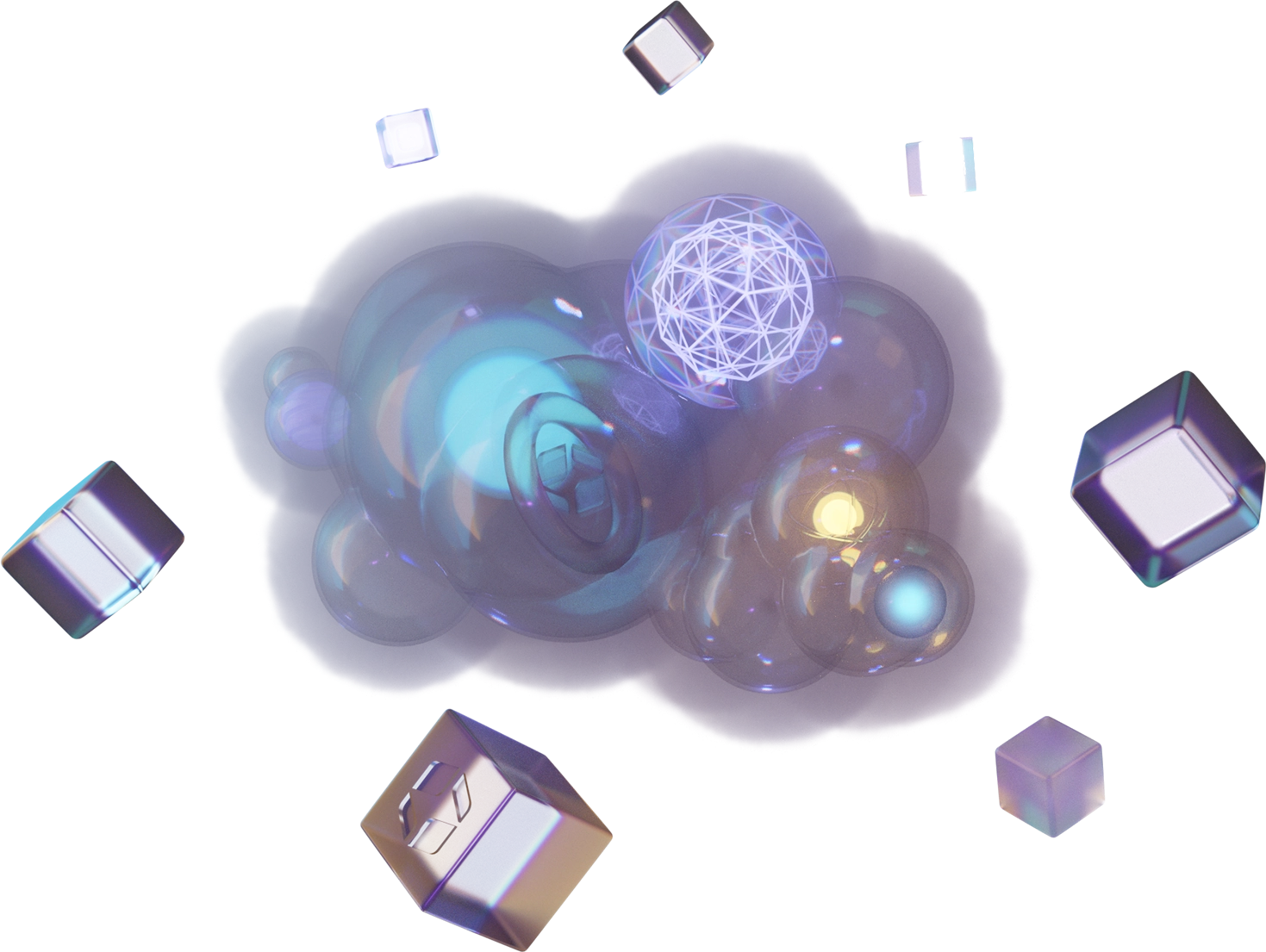 A fluffy cloud filled with various lights and shapes, surrounded by glass cubes displaying the crydent logo.