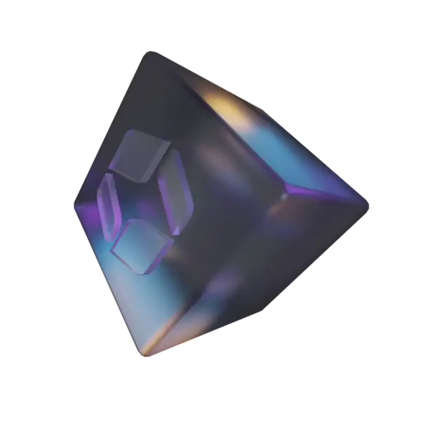 A spinning glass cube with the Crydent logo embossed on one face.